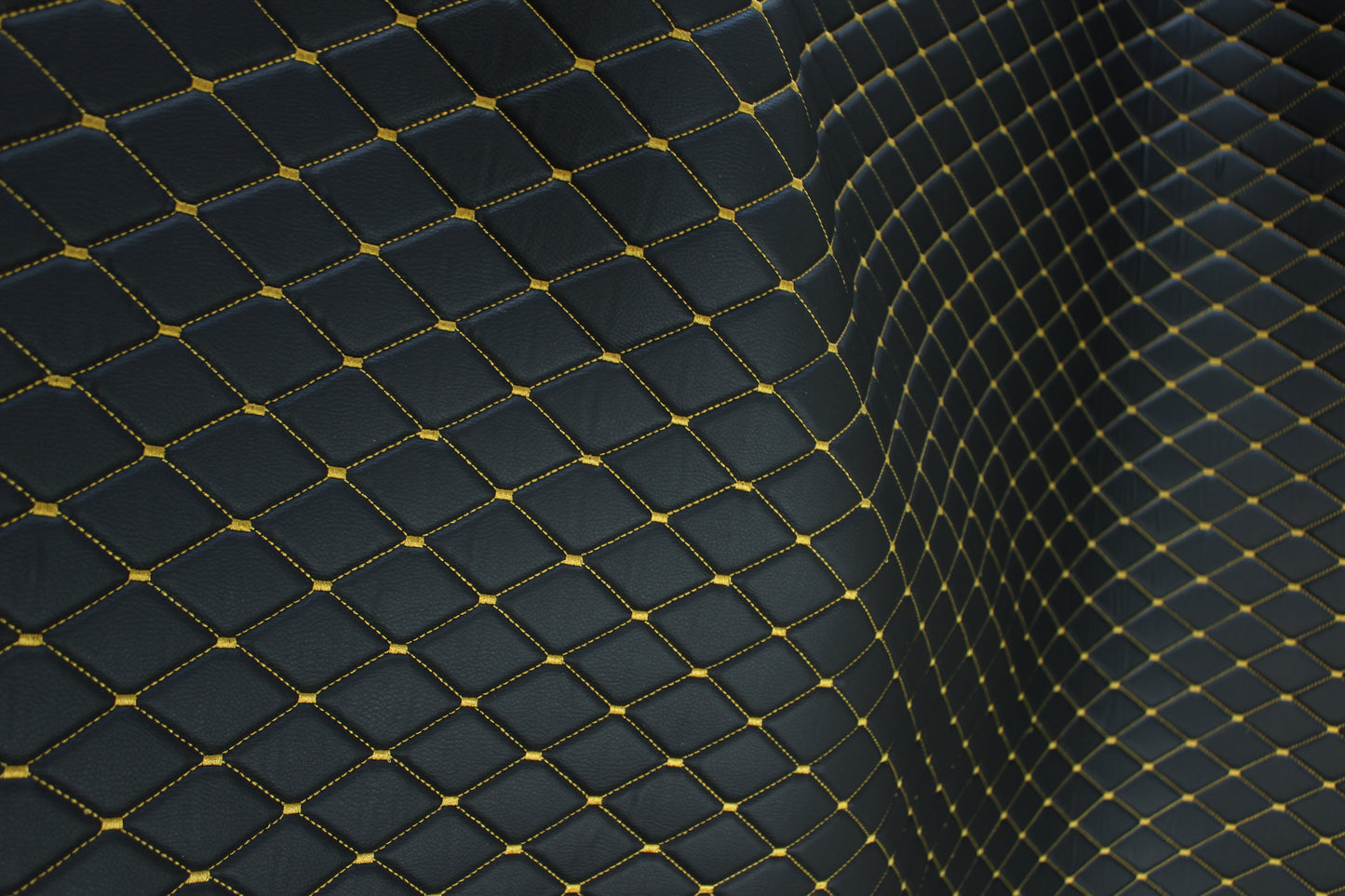 Gold Quilted Black Vinyl Grain Faux Leather Car Upholstery Fabric | 2"x3" - 5x8cm Diamond Stitch with Foam | 140cm & 55.1" Wide | Artificial Leather