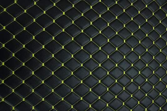 Black Yellow Quilted Vinyl Faux Leather Car Upholstery Fabric | 2"x2" 5x5cm Diamond Stitch with 5mm Foam | 140cm Wide | Automotive