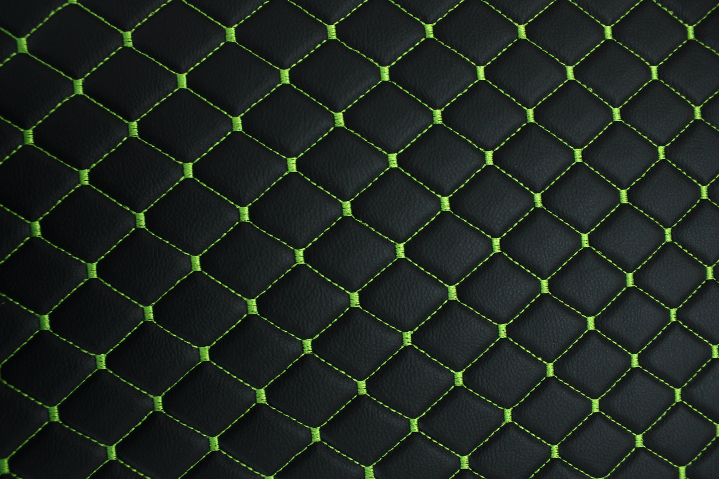 Black Light Green Quilted Vinyl Faux Leather Car Upholstery Fabric | 2"x2" 5x5cm Diamond Stitch with 5mm Foam | 140cm Wide | Automotive