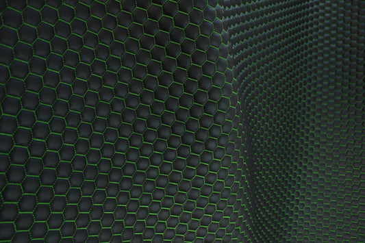 Green Quilted Black Vinyl Faux Leather Car Upholstery Fabric | 2" x 5cm Honeycomb Pattern Stitch with 5mm Foam Backing | 140cm Wide | Automotive