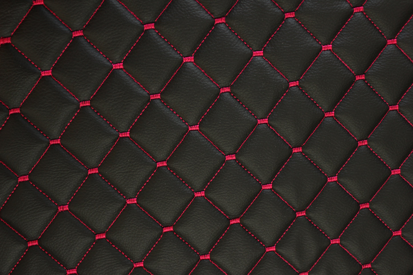 Pink Stitched Black Vinyl Faux Leather Car Upholstery Fabric | 2"x2" 5x5cm Diamond Stitch with 5mm Foam | 140cm Wide | Automotive