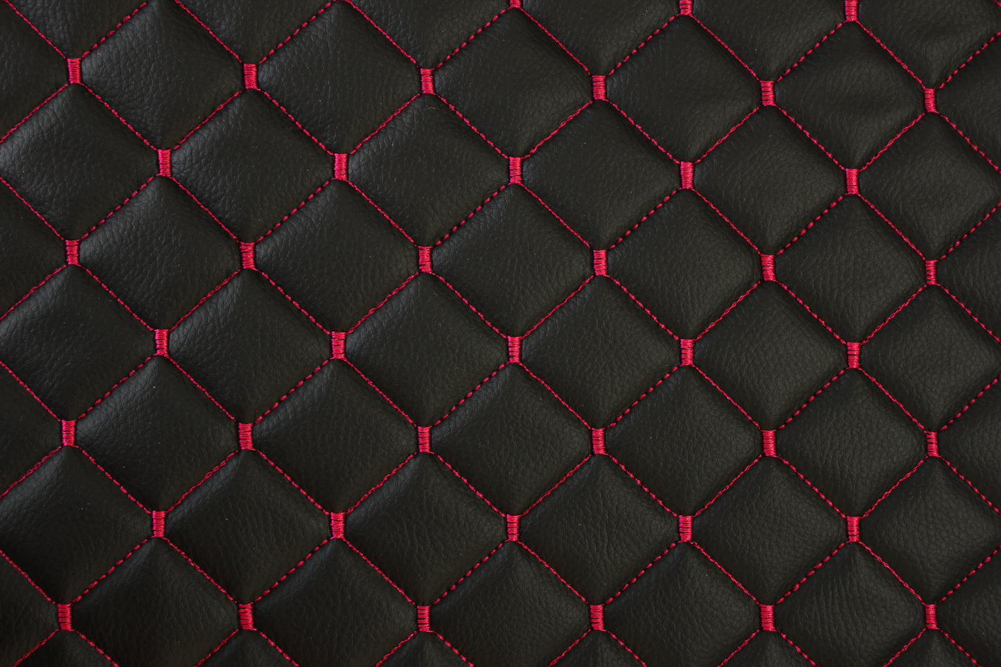 Pink Stitched Black Vinyl Faux Leather Car Upholstery Fabric | 2"x2" 5x5cm Diamond Stitch with 5mm Foam | 140cm Wide | Automotive