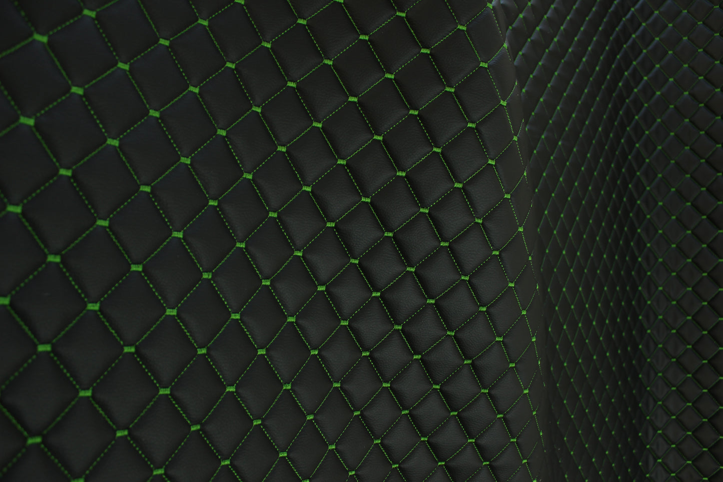 Black Dark Green Quilted Vinyl Faux Leather Car Upholstery Fabric | 2"x2" 5x5cm Diamond Stitch with 5mm Foam | 140cm Wide | Automotive