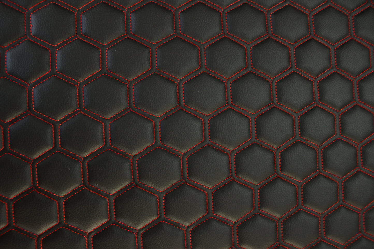 Red Quilted Black Vinyl Faux Leather Car Upholstery Fabric | 2" x 5cm Hexagon Pattern Stitch with 5mm Foam Backing | 140cm Wide | Automotive