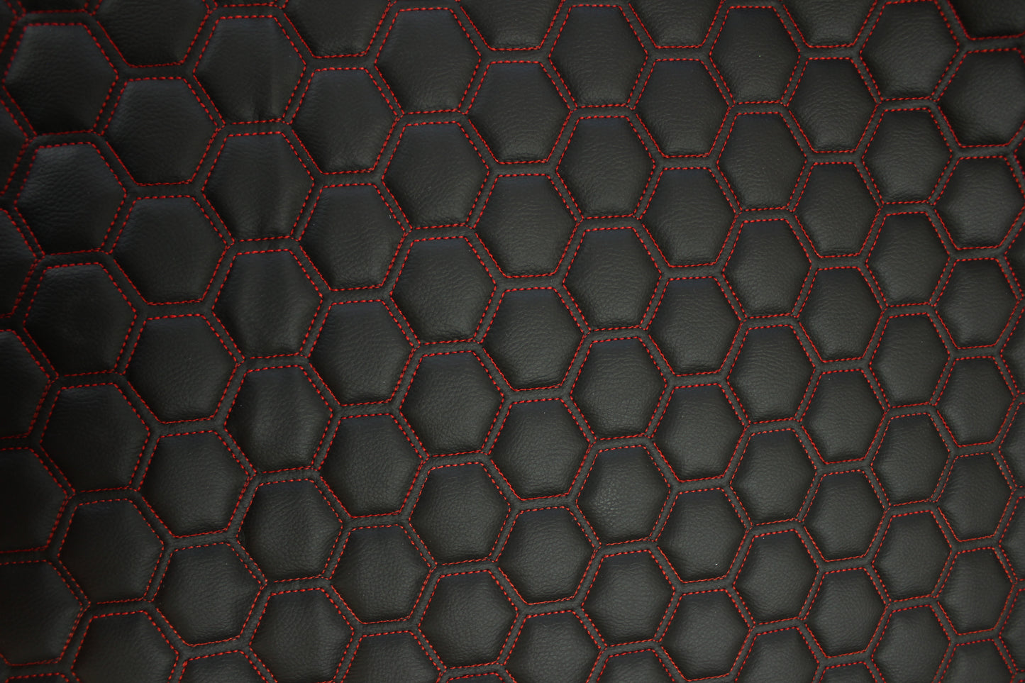 Red Quilted Black Vinyl Faux Leather Car Upholstery Fabric | 2" x 5cm Hexagon Pattern Stitch with 5mm Foam Backing | 140cm Wide | Automotive