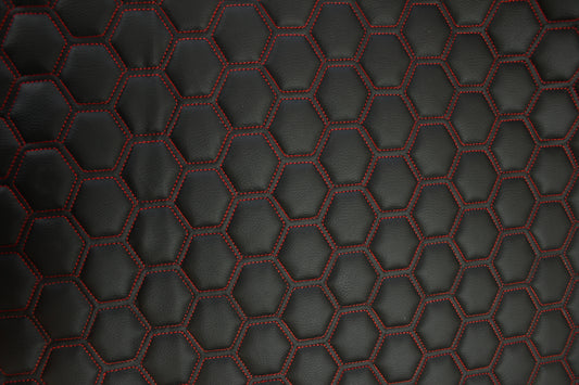 Red Quilted Black Vinyl Faux Leather Car Upholstery Fabric | 2" x 5cm Hexagon Pattern Stitch with 5mm Foam Backing | 140cm Wide | Automotive