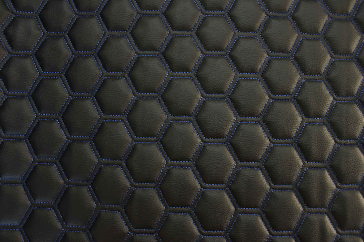 Blue Quilted Black Vinyl Faux Leather Car Upholstery Fabric | 2" x 5cm Hexagon Pattern Stitch with 5mm Foam Backing | 140cm Wide | Automotive