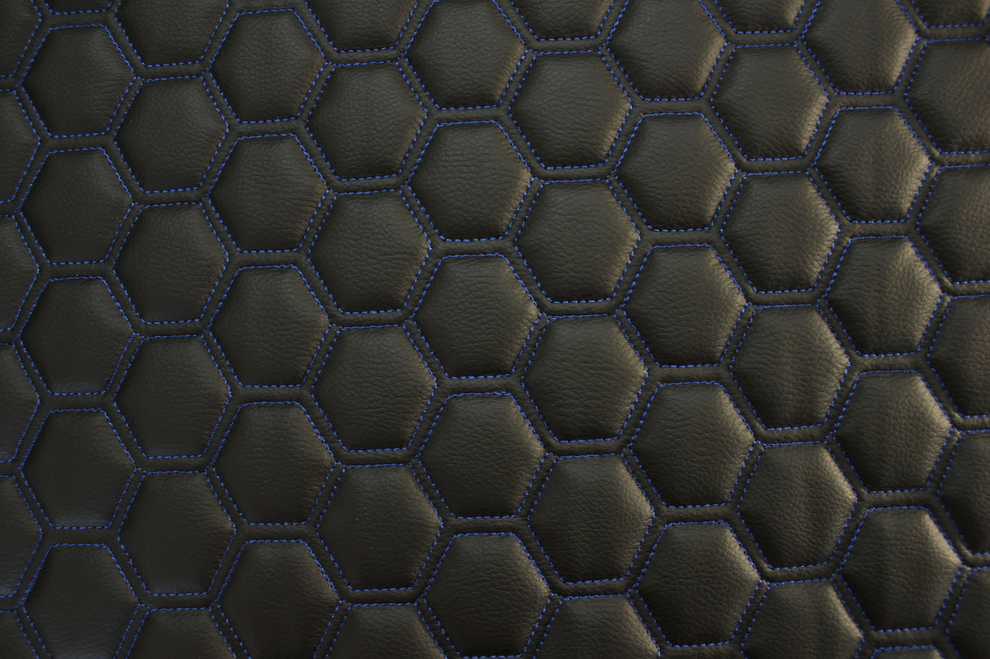 Blue Quilted Black Vinyl Faux Leather Car Upholstery Fabric | 2" x 5cm Hexagon Pattern Stitch with 5mm Foam Backing | 140cm Wide | Automotive