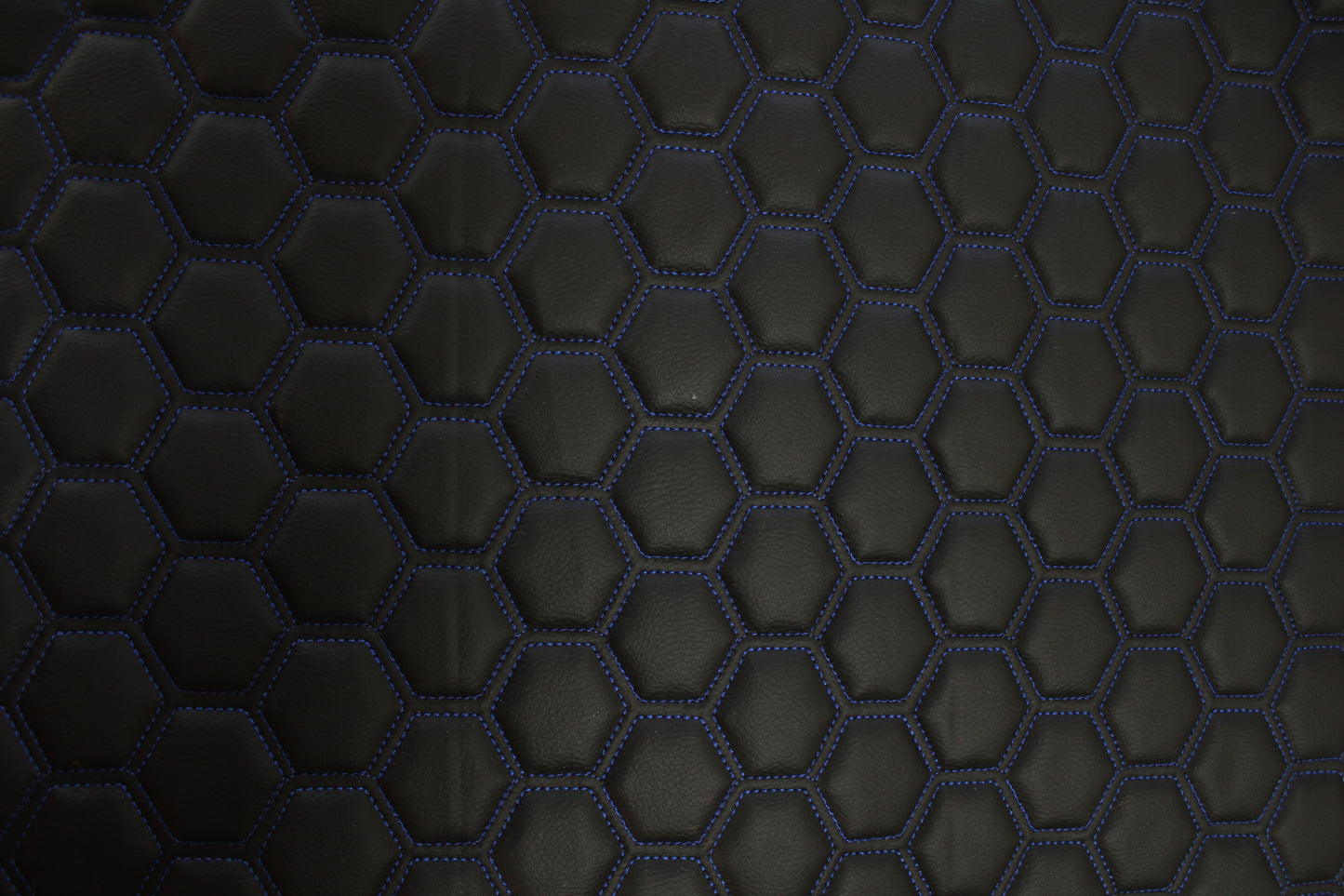 Blue Quilted Black Vinyl Faux Leather Car Upholstery Fabric | 2" x 5cm Hexagon Pattern Stitch with 5mm Foam Backing | 140cm Wide | Automotive