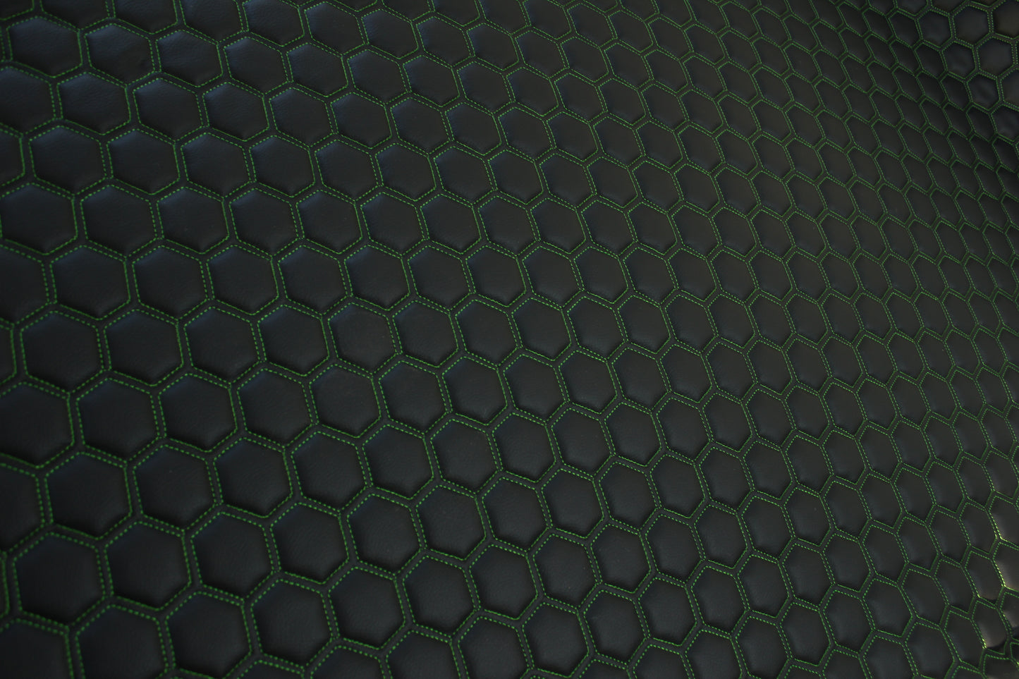 Green Quilted Black Vinyl Faux Leather Car Upholstery Fabric | 2" x 5cm Hexagon Pattern Stitch with 5mm Foam Backing | 140cm Wide | Automotive