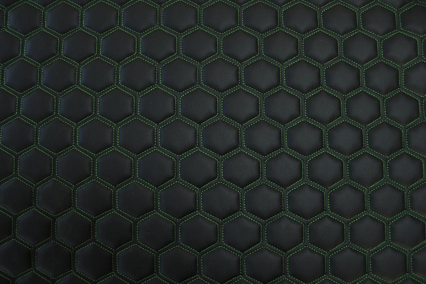 Green Quilted Black Vinyl Faux Leather Car Upholstery Fabric | 2" x 5cm Hexagon Pattern Stitch with 5mm Foam Backing | 140cm Wide | Automotive