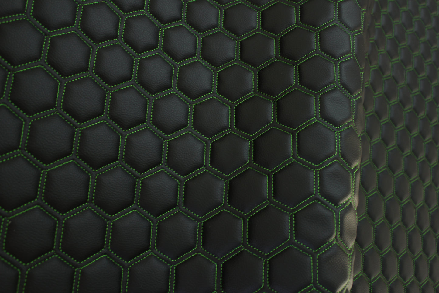 Green Quilted Black Vinyl Faux Leather Car Upholstery Fabric | 2" x 5cm Hexagon Pattern Stitch with 5mm Foam Backing | 140cm Wide | Automotive