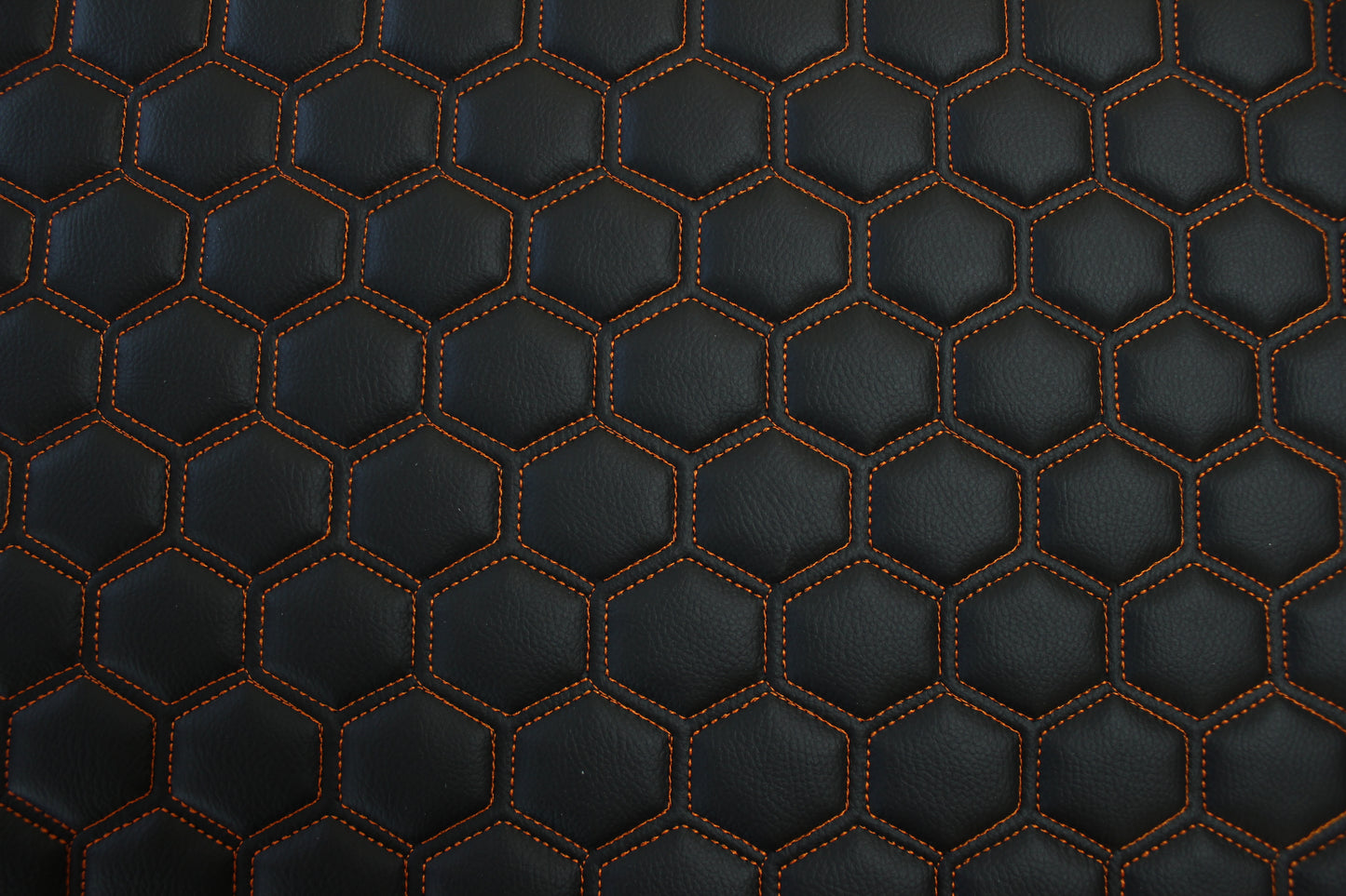 Orange Quilted Black Vinyl Faux Leather Car Upholstery Fabric | 2" x 5cm Hexagon Pattern Stitch with 5mm Foam Backing | 140cm Wide | Automotive