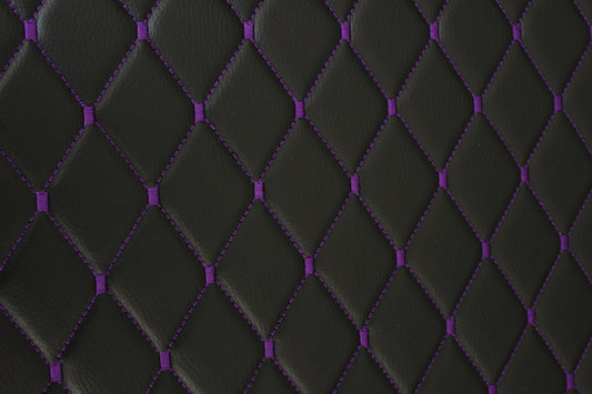 Purple Quilted Black Vinyl Grain Faux Leather Car Upholstery Fabric | 2"x3" - 5x8cm Diamond Stitch with Foam | 140cm & 55.1" Wide | Artificial Leather