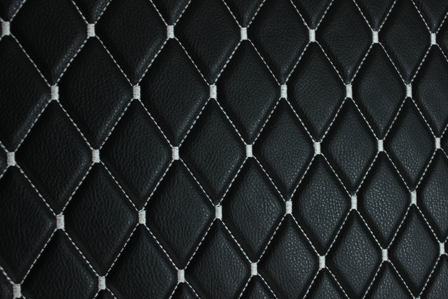 White Quilted Black Vinyl Grain Faux Leather Car Upholstery Fabric | 2"x3" - 5x8cm Big Diamond Stitch with Foam | 140cm & 55.1" Wide | Artificial Leather