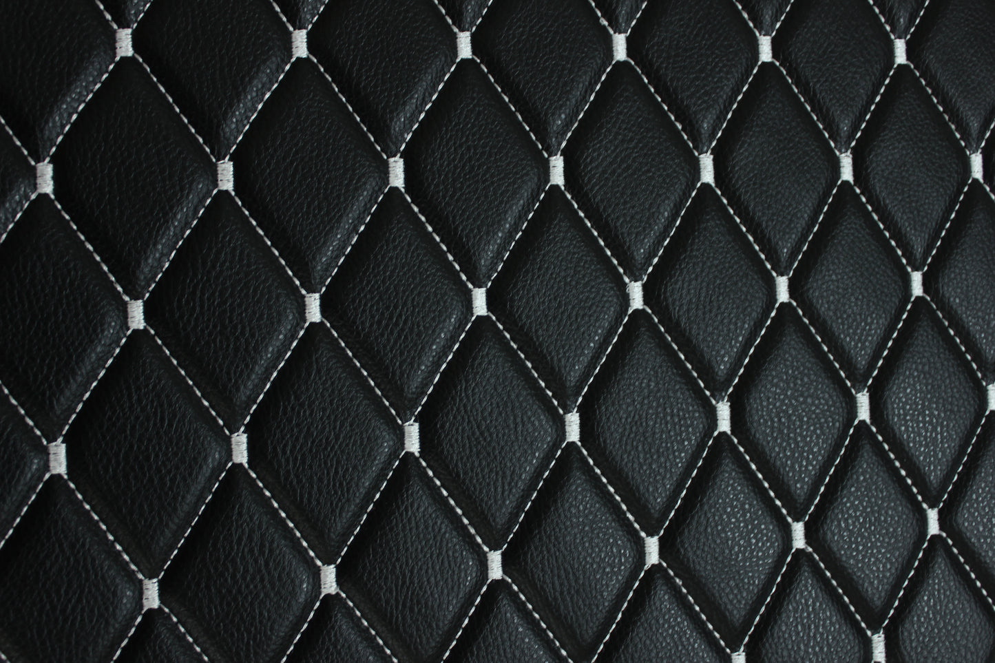 White Quilted Black Vinyl Grain Faux Leather Car Upholstery Fabric | 2"x3" - 5x8cm Big Diamond Stitch with Foam | 140cm & 55.1" Wide | Artificial Leather