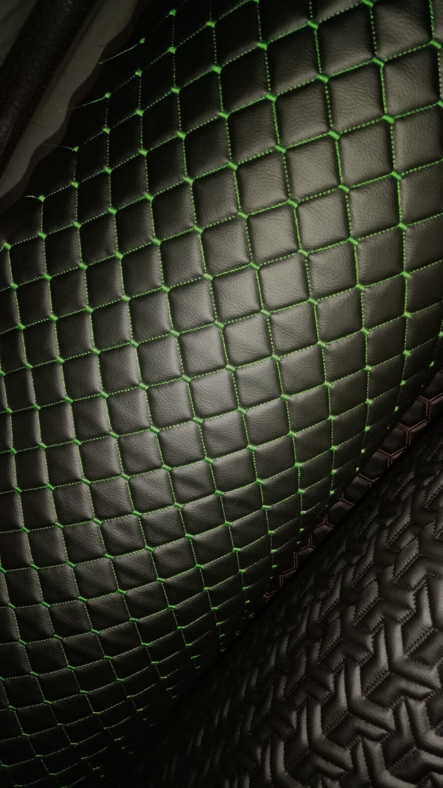 Black Dark Green Quilted Vinyl Faux Leather Car Upholstery Fabric | 2"x2" 5x5cm Diamond Stitch with 5mm Foam | 140cm Wide | Automotive