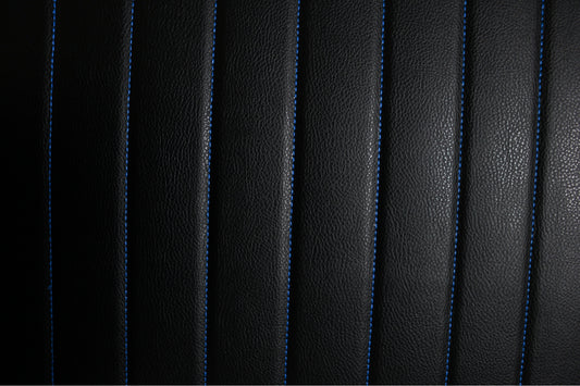 Blue Quilted Black Vinyl Faux Leather Car Upholstery Fabric | 2" x 5cm Pattern Line Stitch with 5mm Foam Backing | 140cm Wide | Automotive